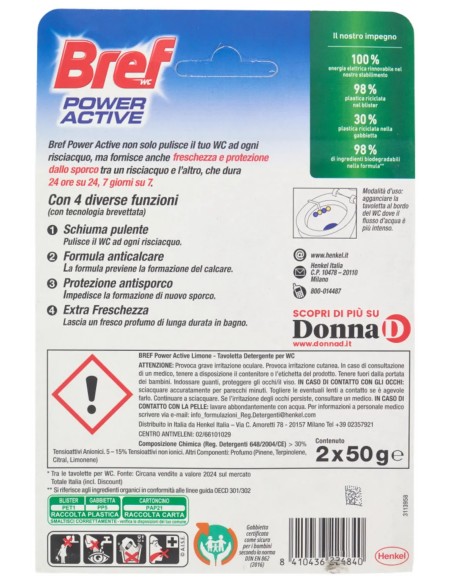 Bref Wc Power Activ - 2 Tavolette Wc Deodoranti 4 Funzioni Da 50g - Limone